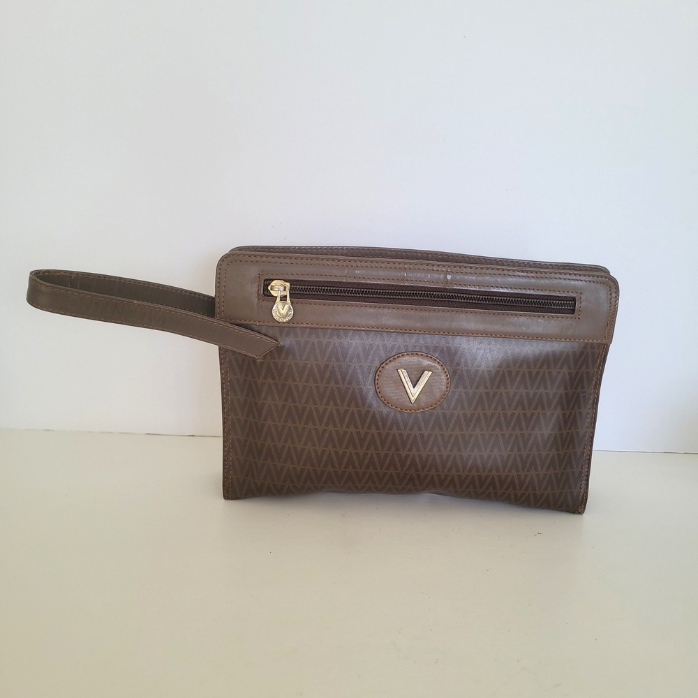 Mario Valentinoโ Vintage Brown Monogram Wristlet Clutch Bag Made in Italy